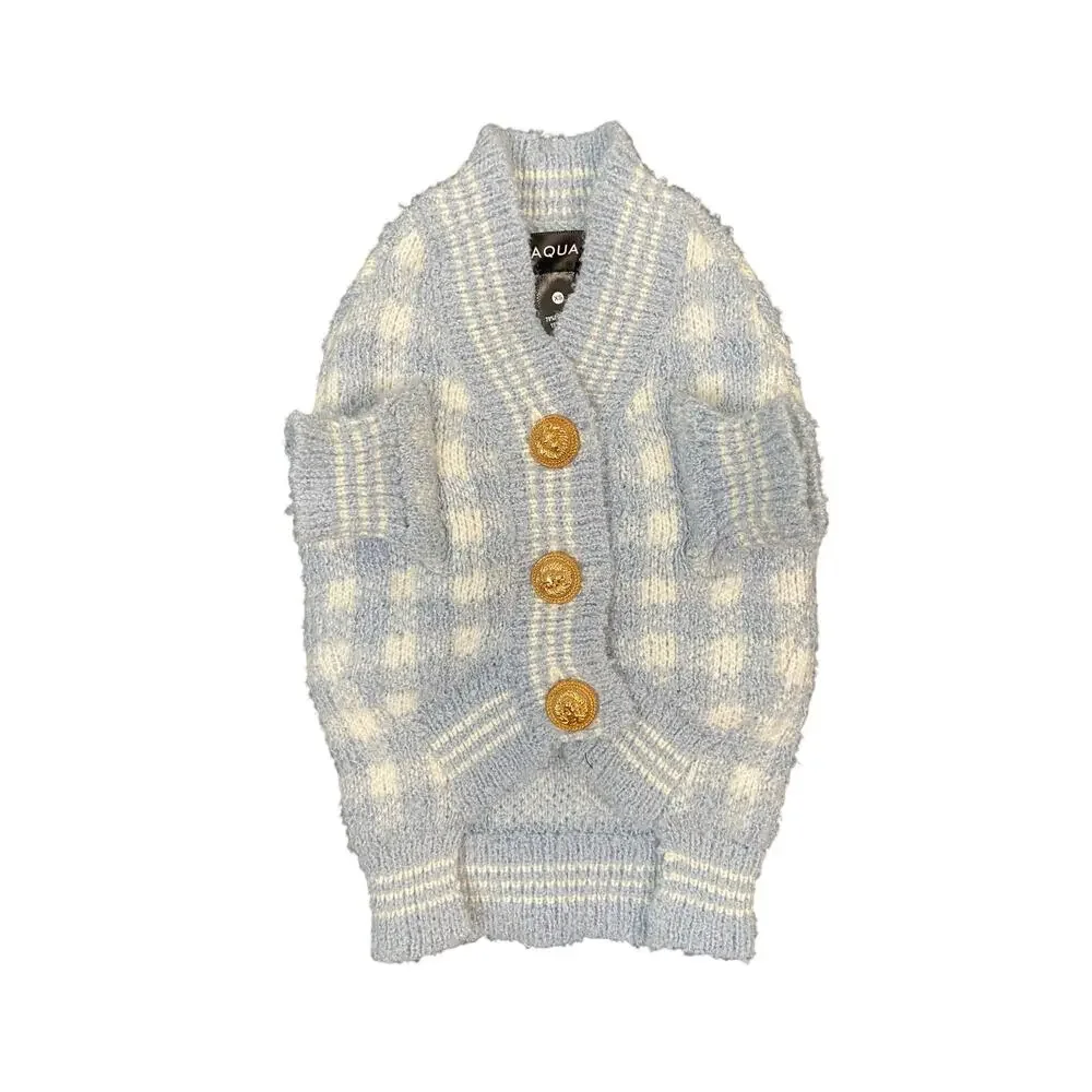 Aqua Pet Plaid Cardigan Dog Coat Sweater Gold Button Cozy Winter Blue White XS